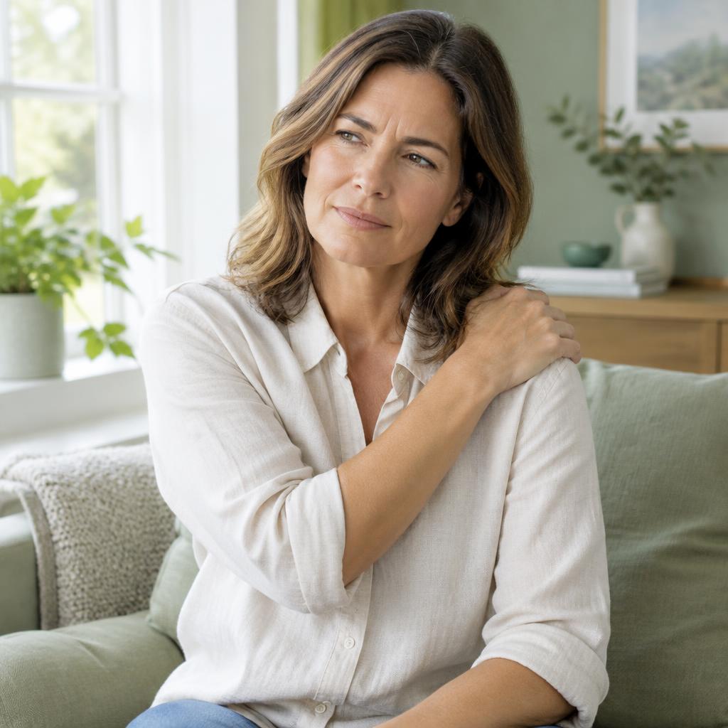 Woman gently holding her shoulder while experiencing everyday discomfort